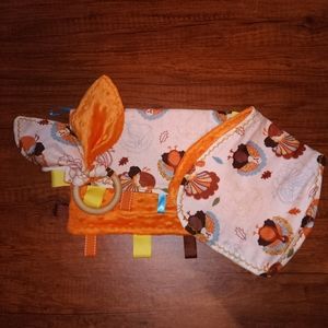Group set bundle baby teether burp pad Lovey taggy ribbon feeding turkey minky